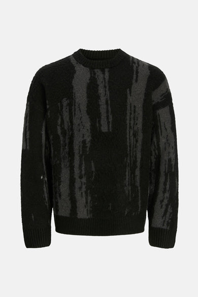 Sweat-shirt noir à col rond de CORE BY JACK & JONES, avec des rayures verticales grises abstraites.