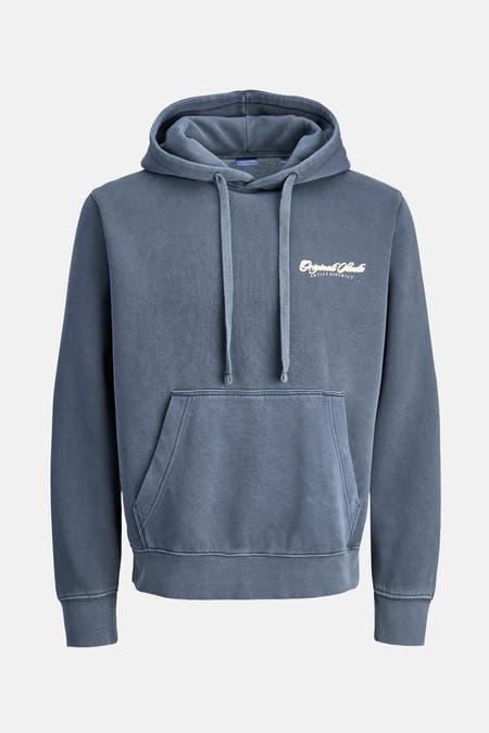 Blauwe sweater met kap van ORIGINALS BY JACK & JONES, met trekkoorden en buidelzak vooraan.