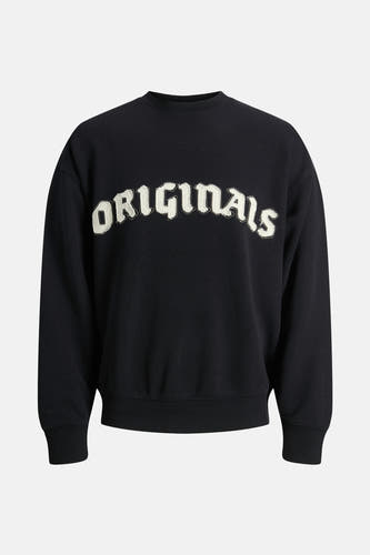 Zwarte sweater van ORIGINALS BY JACK & JONES, met een crèmekleurig 'Originals' opschrift op de borst.