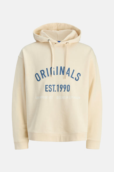 Beige sweater met capuchon van ORIGINALS BY JACK & JONES, met blauwe 'Originals' en 'Est 1990' tekst print.