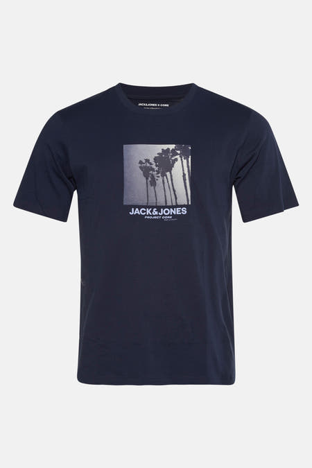 Blauw T-shirt met korte mouwen van CORE BY JACK & JONES, met een vierkante palmboomprint op de borst.
