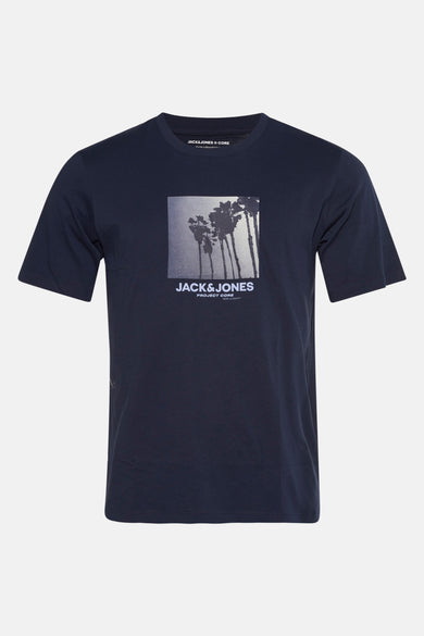Blauw T-shirt met korte mouwen van CORE BY JACK & JONES, met een vierkante palmboomprint op de borst.
