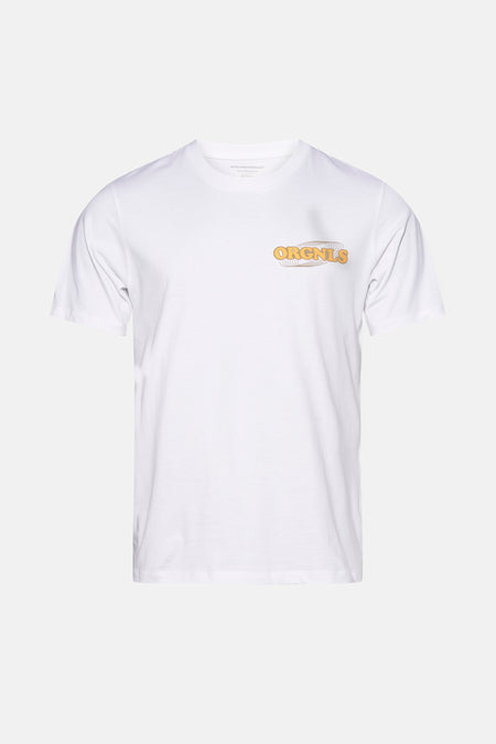 T-shirt blanc à manches courtes d'ORIGINALS BY JACK & JONES, avec une impression graphique sur la poitrine.