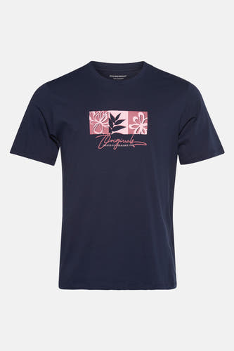 T-shirt bleu marine à manches courtes d'ORIGINALS BY JACK & JONES, avec une impression de fleurs graphiques et du texte.