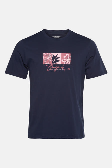 Donkerblauw T-shirt met korte mouwen van ORIGINALS BY JACK & JONES, met grafische print van bloemen en "Originals" logo.