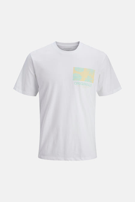 T-shirt blanc à manches courtes de ORIGINALS BY JACK & JONES, avec imprimé tropical et texte 'Originals'.
