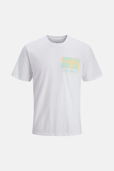 T-shirt blanc à manches courtes de ORIGINALS BY JACK & JONES, avec imprimé tropical et texte 'Originals'.