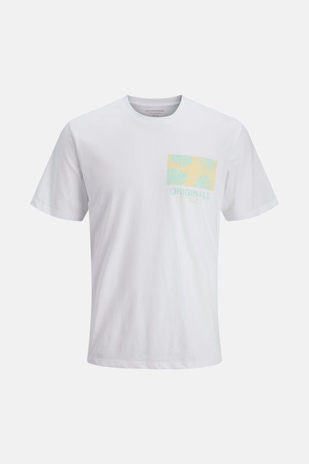 T-shirt blanc à manches courtes de ORIGINALS BY JACK & JONES, avec imprimé tropical et texte 'Originals'.