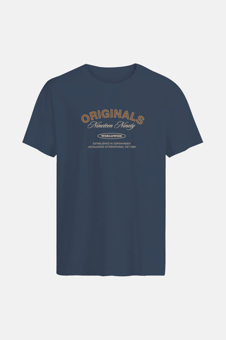 Blauw T-shirt met korte mouwen van ORIGINALS by JACK & JONES, met een grafische tekstprint op de borst.