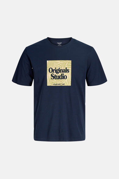 Blauw T-shirt met korte mouwen van ORIGINALS BY JACK & JONES, met een vierkante print met de tekst "Originals Studio".