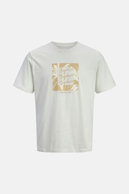 Ecru T-shirt met korte mouwen van ORIGINALS BY JACK & JONES, met beige vierkante print en plantmotieven.