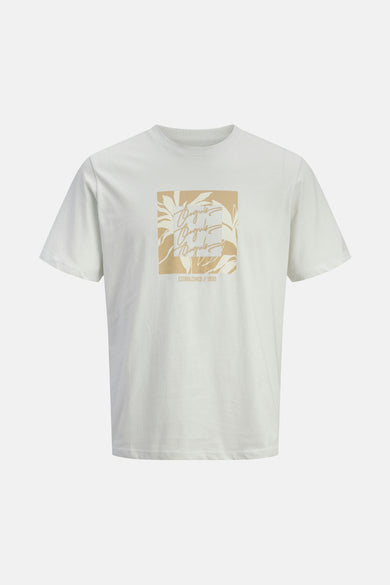 Ecru T-shirt met korte mouwen van ORIGINALS BY JACK & JONES, met beige vierkante print en plantmotieven.