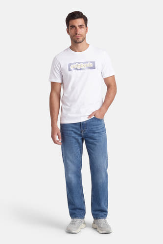 Wit T-shirt met korte mouwen van ORIGINALS BY JACK & JONES, met een blauw en geel logo op de borst.