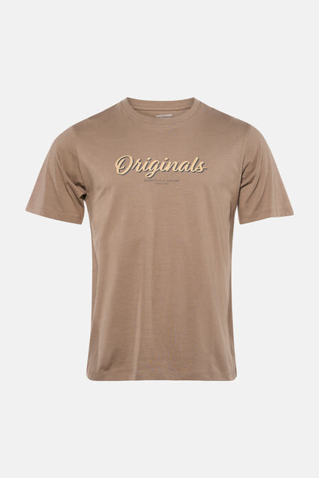 Bruin T-shirt met korte mouwen van ORIGINALS BY JACK & JONES, met een opschrift in vintage-stijl.