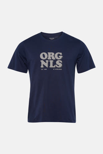 Blauw T-shirt met korte mouwen van ORIGINALS BY JACK & JONES, met een witte, gestreepte tekstprint op de borst.