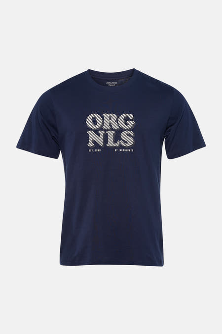 Blauw T-shirt met korte mouwen van ORIGINALS BY JACK & JONES, met een witte, gestreepte tekstprint op de borst.