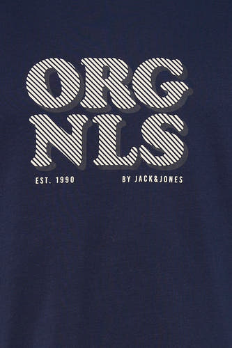 Blauw T-shirt met korte mouwen van ORIGINALS BY JACK & JONES, met een wit diagonale streepjes patroon en tekstprint.