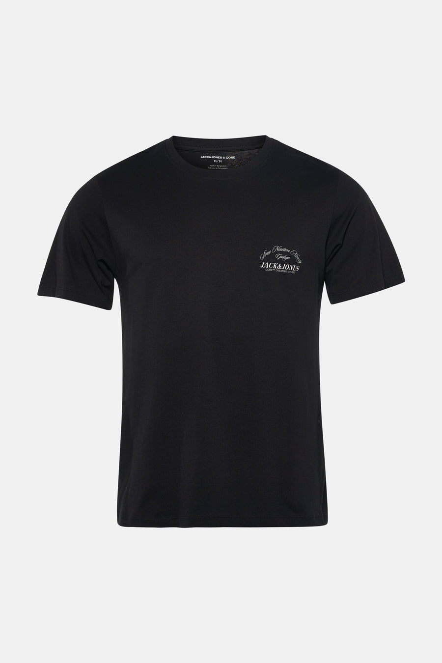 Zwart T-shirt met korte mouwen van CORE BY JACK & JONES, met kleine logo-opdruk op de borst.

