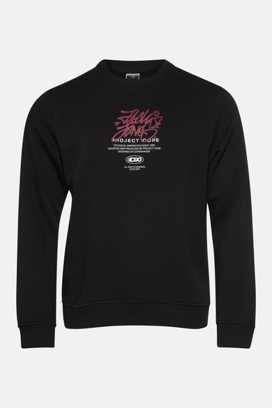 Zwarte sweater met ronde hals van CORE BY JACK & JONES, met grafische print op de borst.