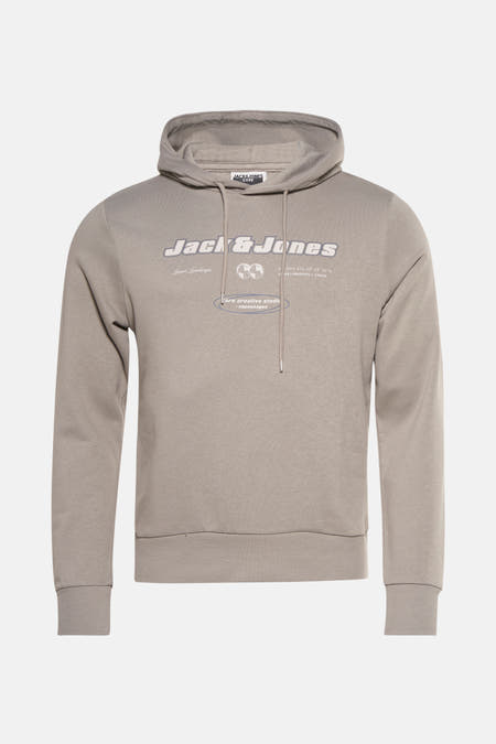 Kaki sweater met capuchon van CORE by JACK & JONES, met logo op de borst en trekkoorden.