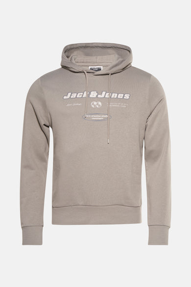 Kaki sweater met capuchon van CORE by JACK & JONES, met logo op de borst en trekkoorden.