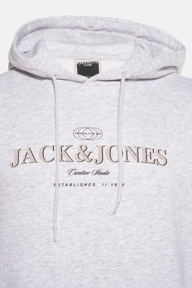 Grijze sweater met kap van CORE by JACK & JONES, met logo en trekkoorden.
