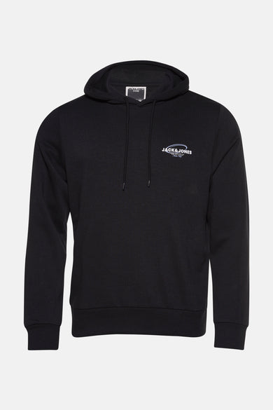 Gilet noir à capuche de CORE par JACK & JONES, avec un petit logo de marque sur la poitrine.