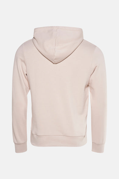 Beige sweater met kap van CORE BY JACK & JONES, gezien van achteren, met lange mouwen en ribgebreide boorden.