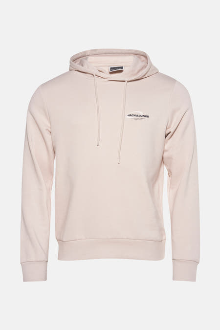 Beige sweater met capuchon van CORE by JACK & JONES, met trekkoorden en een klein logo op de borst.