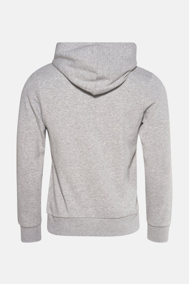 Achterkant grijze hoodie met lange mouwen.
