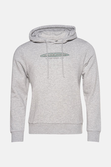 Grijze hoodie van CORE by JACK & JONES, met lange mouwen, een capuchon en logo op de borst.
