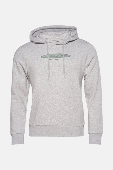 Grijze hoodie van CORE by JACK & JONES, met lange mouwen, een capuchon en logo op de borst.