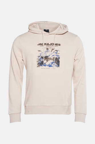 Beige sweater met kap van CORE BY JACK & JONES, met een grafische print op de voorkant.

