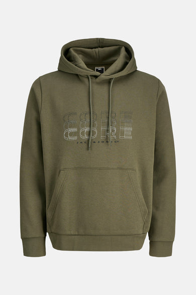 Groene sweater met kap van CORE BY JACK & JONES, met trekkoorden en een opdruk van het woord "CORE".
