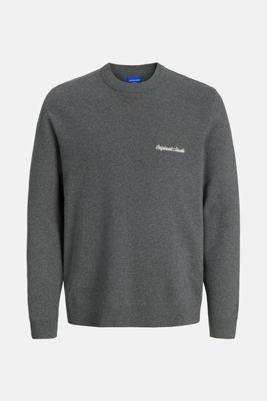 Grijze trui met ronde hals van ORIGINALS by JACK & JONES, met fijne gebreide textuur en decoratieve tekstprint.