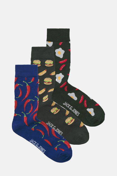 Meerkleurige sokken multipack van ACCESSORIES BY JACK & JONES, met diverse patronen zoals chilipepers, hamburgers en gebakken eieren.