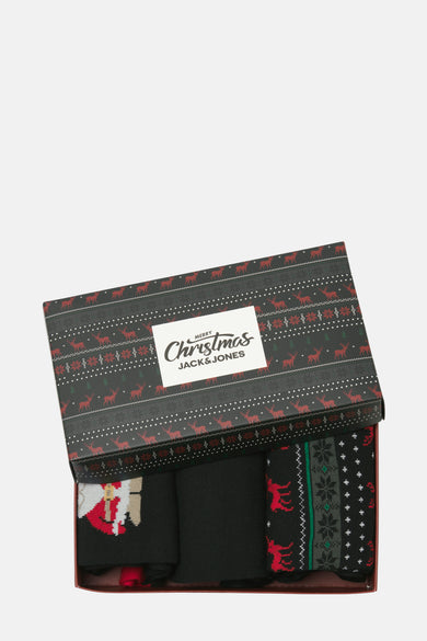 Zwarte sokken geschenkset van ACCESSORIES BY JACK & JONES, met kerstthema dessins in de doos.
