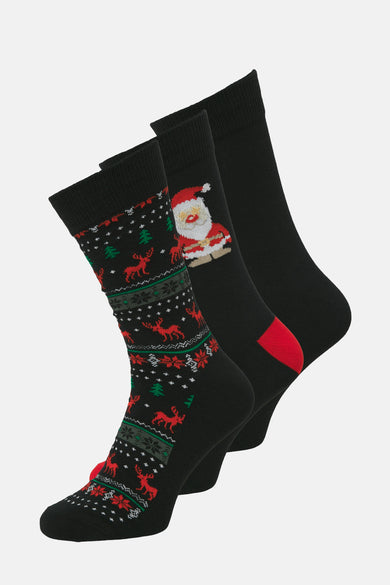 Zwarte sokken van ACCESSORIES BY JACK & JONES, met kerstmotieven zoals rendieren en kerstmannen.
