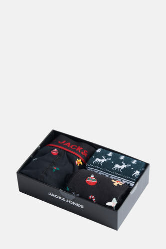 Zwarte ondergoedset van ACCESSORIES BY JACK & JONES met kerstmotieven in een zwarte doos.