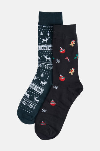 Zwarte sokken van ACCESSORIES BY JACK & JONES met kerstmotieven zoals gingerbread mannetjes, sneeuwvlokken en kerstballen, naast een groene sok met rendieren.