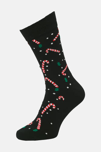 Zwarte sokken van ACCESSORIES BY JACK & JONES met kerstprint van zuurstokken en sneeuwvlokken.