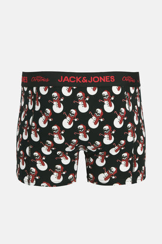 Zwarte boxershort van ACCESSORIES BY JACK & JONES met een kerstprint van doodskoppen-sneeuwpoppen.