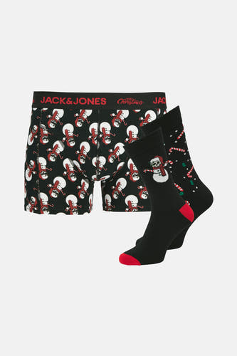 Zwarte boxershorts van ACCESSORIES BY JACK & JONES met een kerstthema en zwarte kerstsokken met rode teen en kerstfiguren.