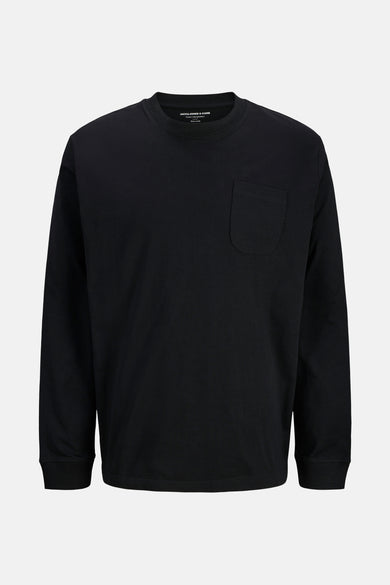 Zwart T-shirt met lange mouwen van CORE BY JACK & JONES, met een borstzak op de voorzijde.