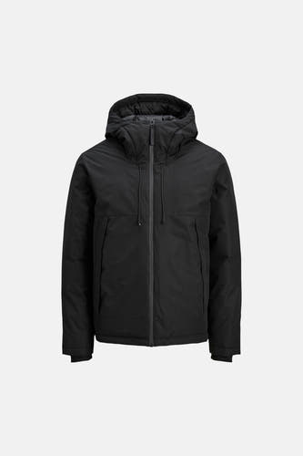 Zwarte korte jas van CORE BY JACK & JONES met gewatteerde capuchon, rits en trekkoorden.