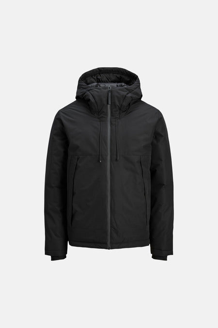 Veste courte noire de CORE BY JACK & JONES avec capuche matelassée, fermeture éclair et cordons de serrage.