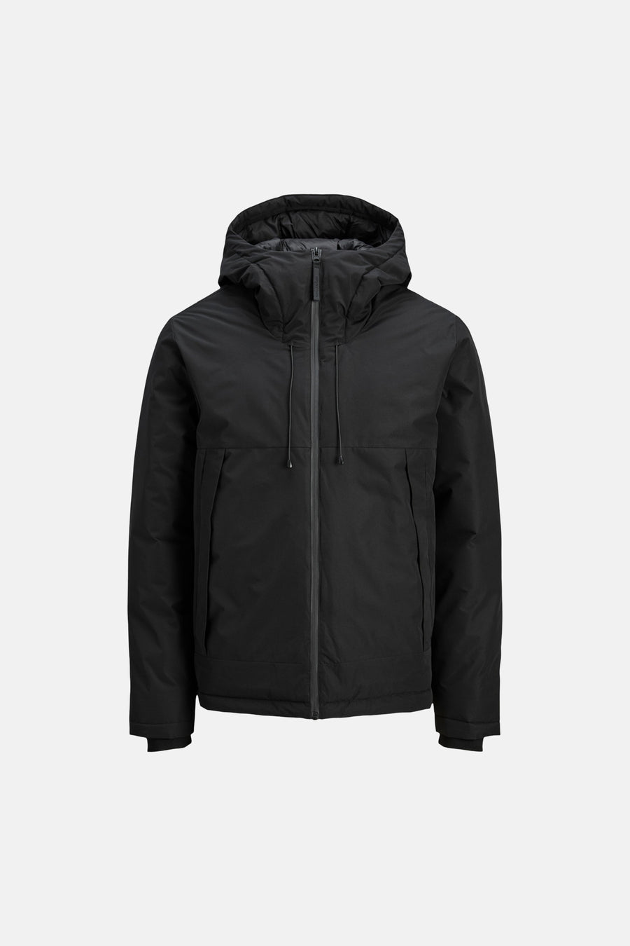 Zwarte korte jas van CORE BY JACK & JONES met gewatteerde capuchon, rits en trekkoorden.
