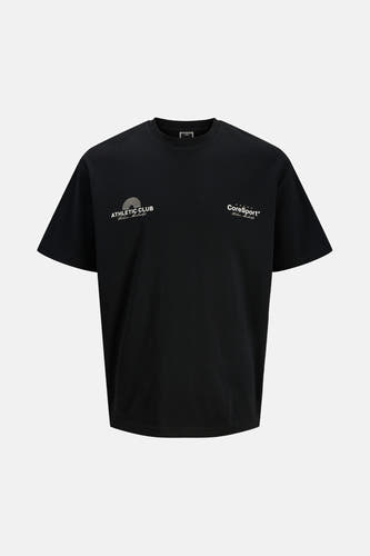 Zwart T-shirt met korte mouwen van CORE BY JACK & JONES, met grafische prints op de borst.