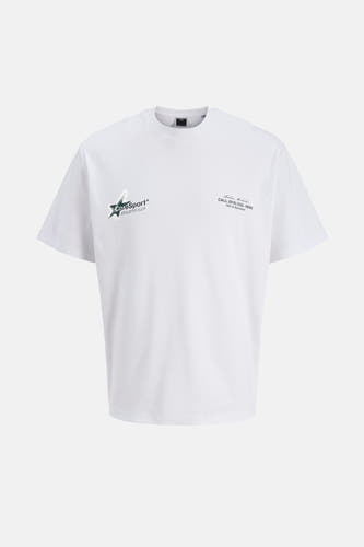 T-shirt blanc à manches courtes de CORE BY JACK & JONES, avec une impression de logo verte et un petit imprimé noir.