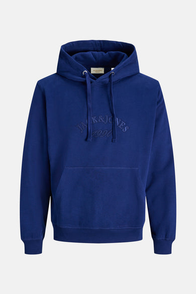 Pull-over bleu avec capuche d'ORIGINALS BY JACK & JONES, vu de dos, avec des manches longues et des poignets côtelés.